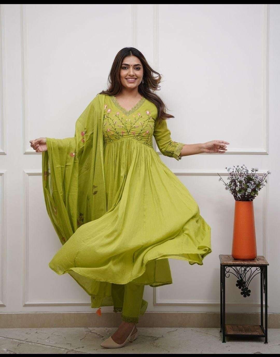 Induscart Global Store Women's Cotton Embroidered Long Anarkali Kurti with Pant and Dupatta Set (Mehendi Green) - Image 2