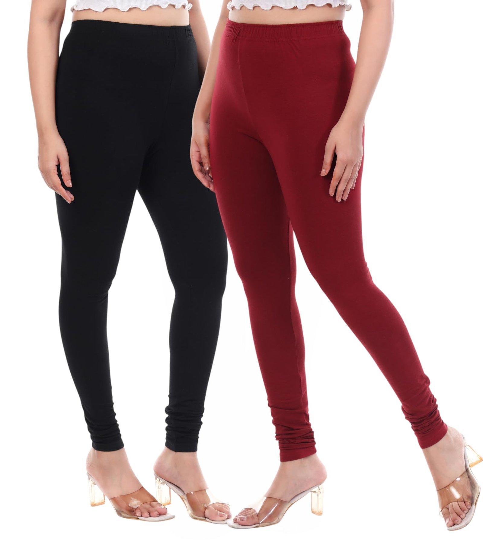 Women Solid Cotton Lycra 4 Way Stretchable Leggings | Combo Pack of 2 Comfortable Churidar-Length Slim Fit Leggings for Women & Girls (in, Alpha, 6XL, Regular, Black & Maroon) - Image 3
