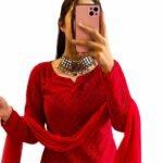 Women's Chikankari Georgette Red Embroidery Kurta Set with Pant and Dupatta | Traditional Ethnic Co-ord Set for Women | Office, Casual Wear-(AZ-YS-OG2-KS2394 RED)