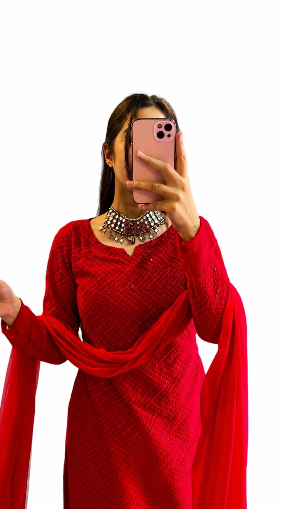 Women's Chikankari Georgette Red Embroidery Kurta Set with Pant and Dupatta | Traditional Ethnic Co-ord Set for Women | Office, Casual Wear-(AZ-YS-OG2-KS2394 RED)