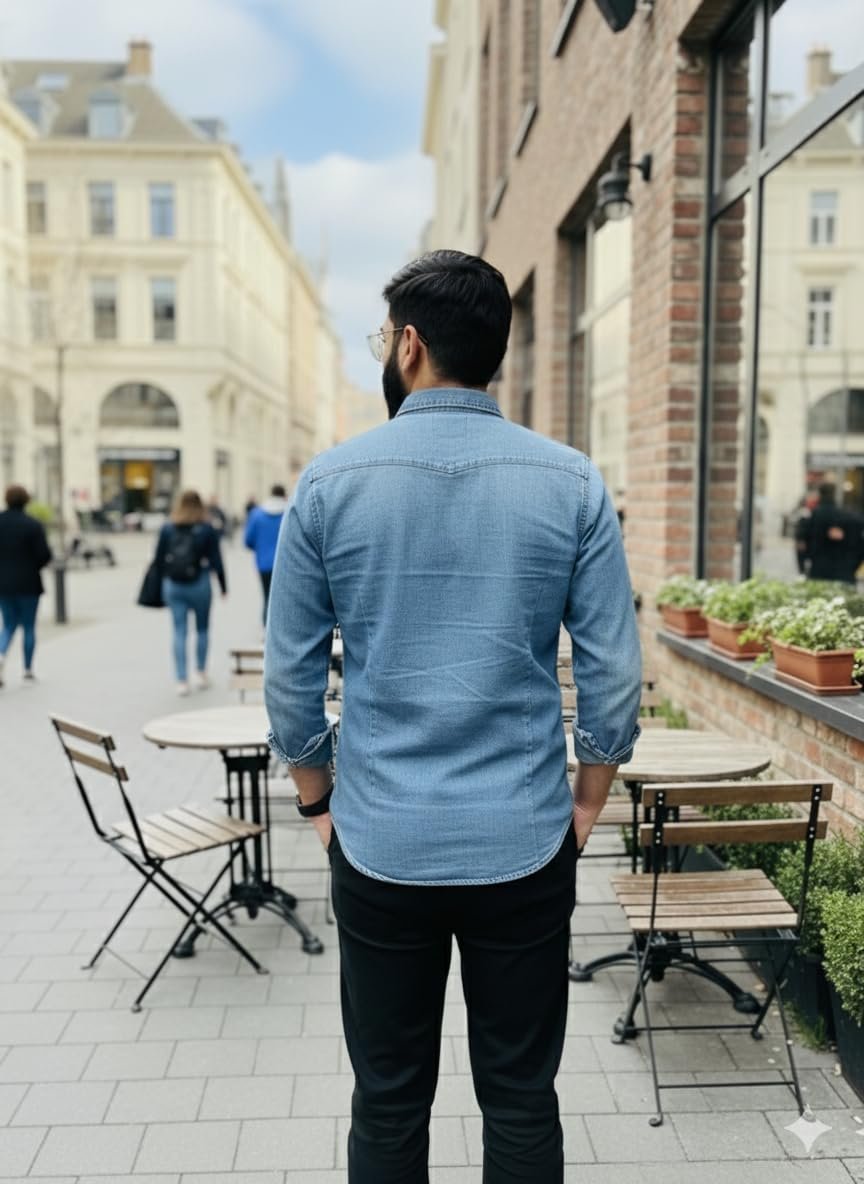 Men's Denim Shirt, Light Blue, Long Sleeve, Casual Button Down (in, Alpha, Regular, Sky Blue) - Image 2