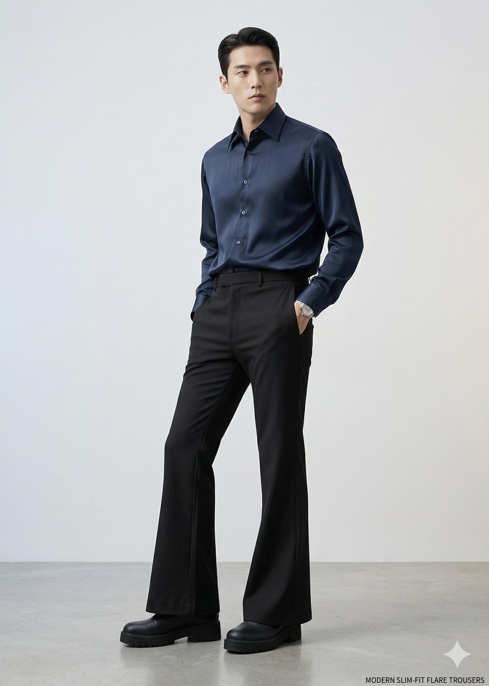 Men's Slim-Fit Flared Trouser, Japnese febric High-Waisted Modern Bootcut Bellbottom Pant, Black (in, Numeric, Regular) - Image 2