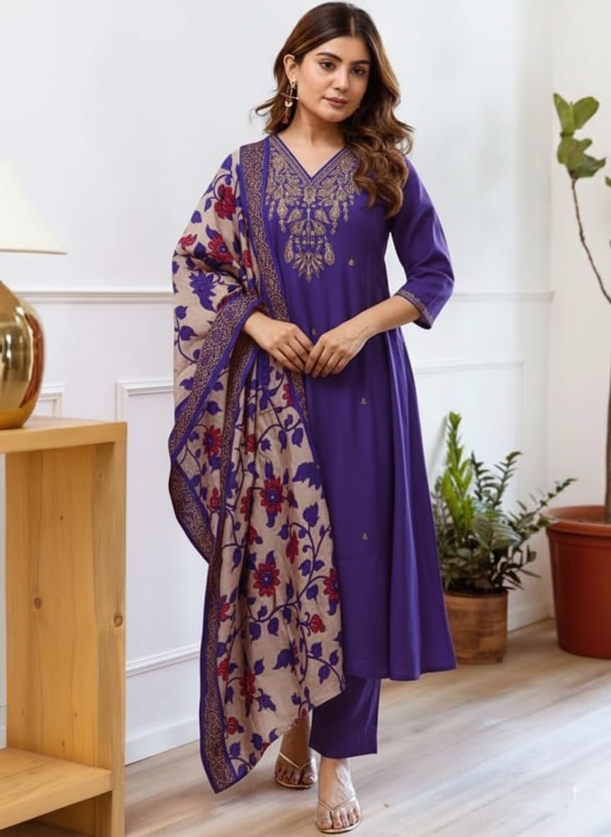 Women Embroidery Straight Kurta and Pant Set with Dupataa Purple - Image 5