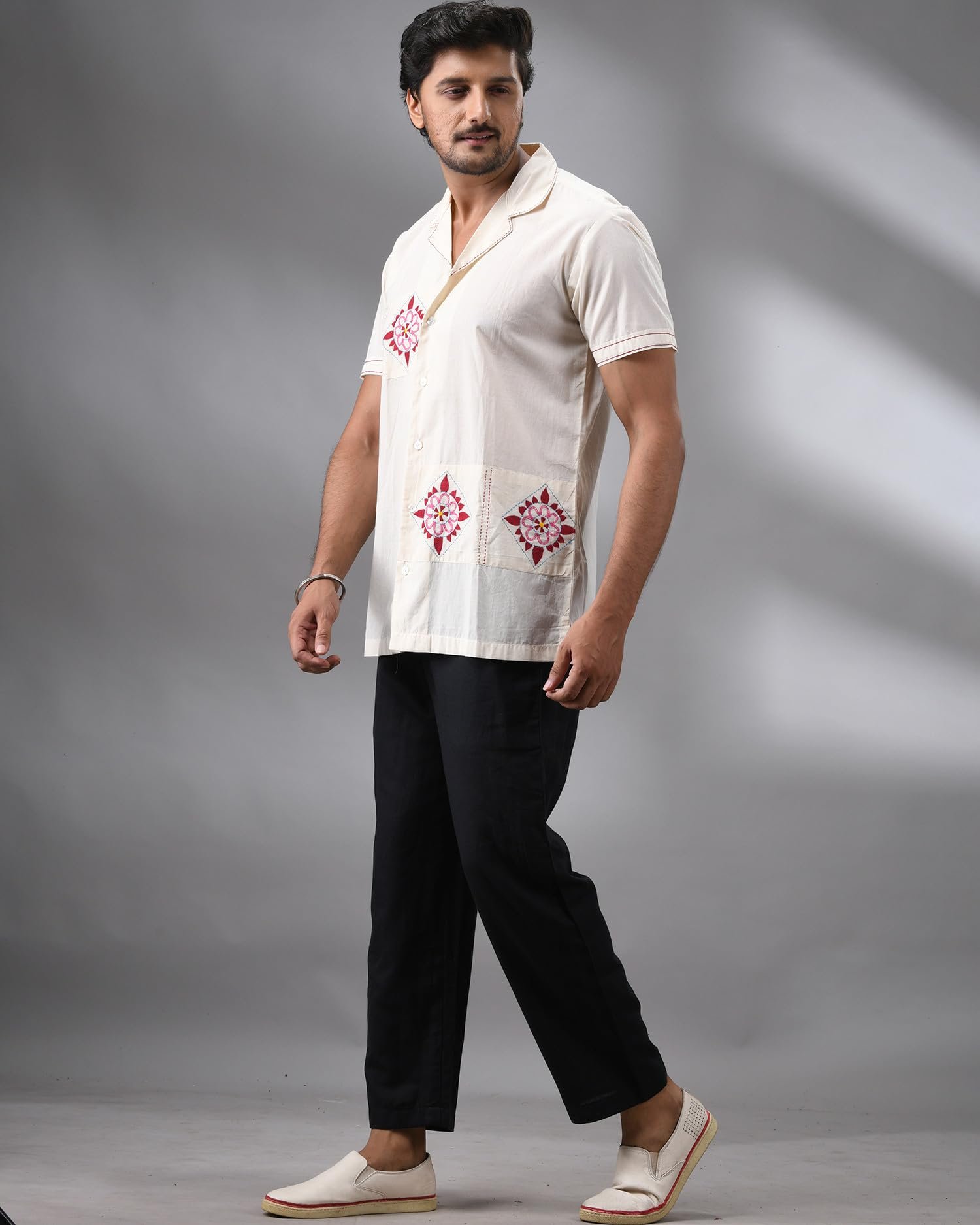 Anushree Malhotra Barfi - Kantha Hand Embroidery Half Sleeve Cuban Collar Shirt 100% Cotton for Men (Unisex) White - Image 3