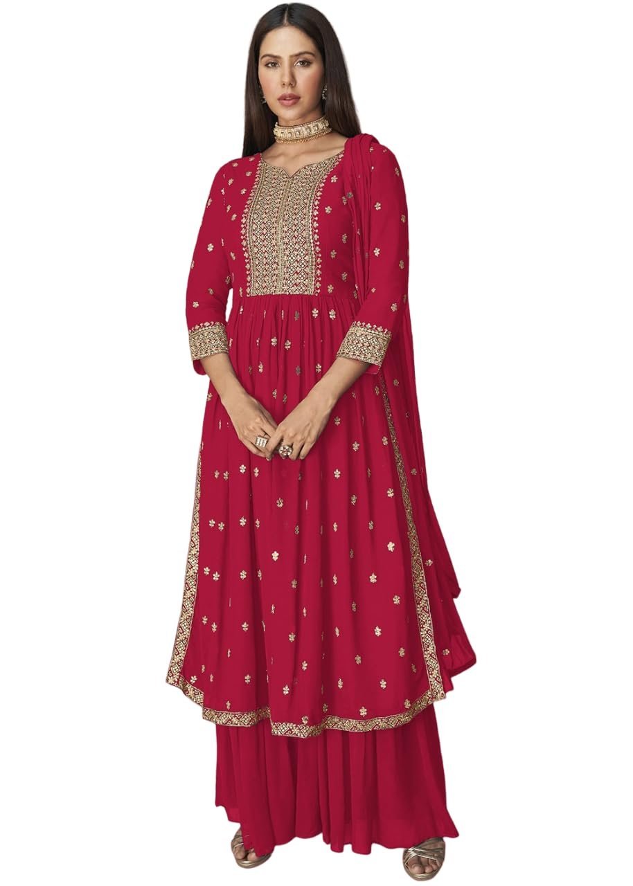 Women's Ethnic Wear Nyra Cut Embroidery Kurti plazzo and Dupatta (X-Large, Pink)
