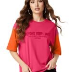 Womens Half Sleeve Oversized Round Neck Cottonblend Printed Colour Blocked T-Shirts Top for Woman (GRL_FS33_Pink_BEYONDS_P_Pink)