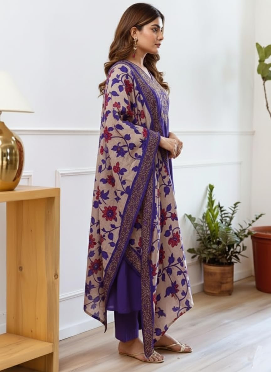 Women Embroidery Straight Kurta and Pant Set with Dupataa Purple - Image 3