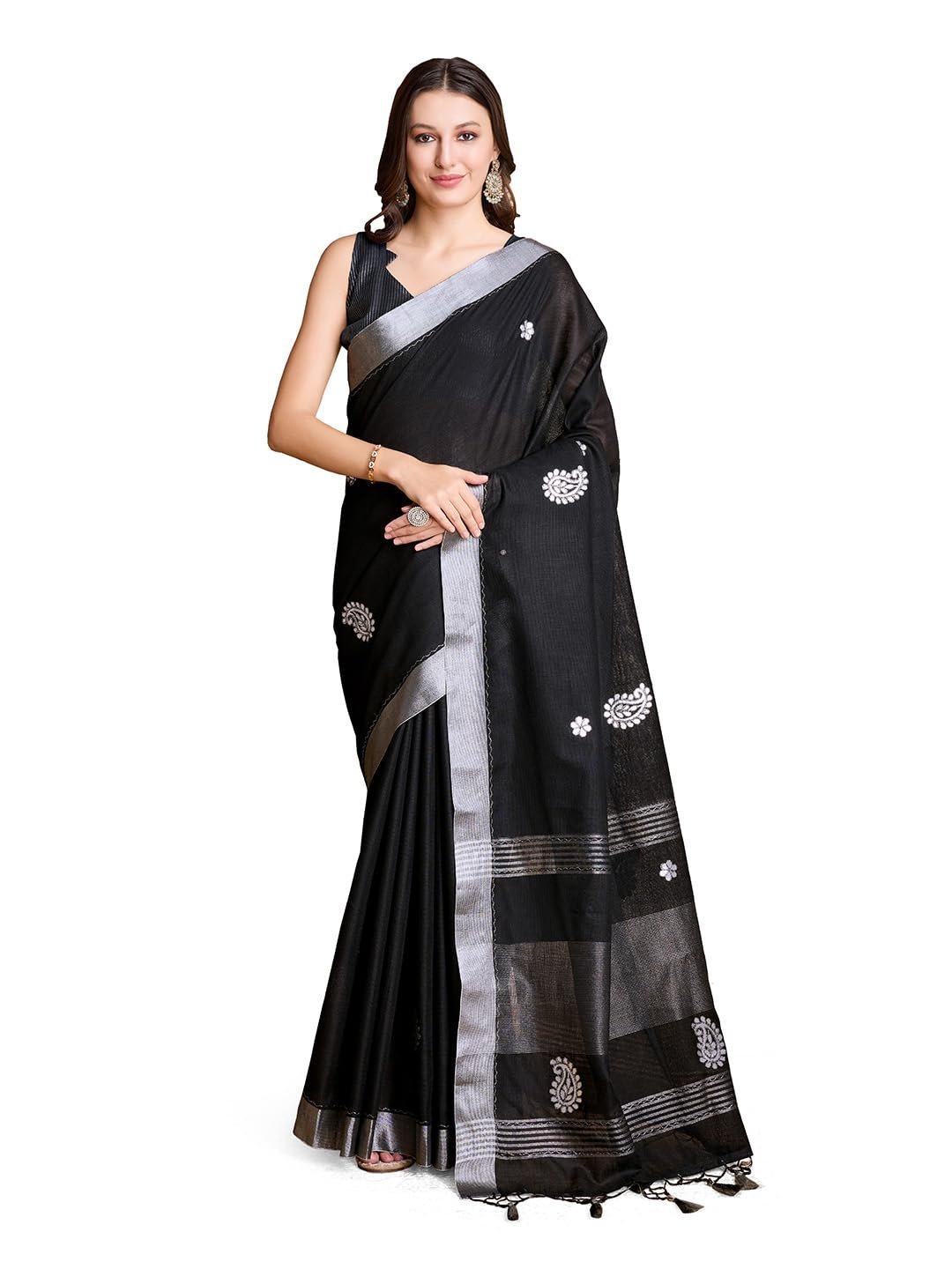 Women’s Linen Hand Gota Woven Black Saree with Unstitched Blouse Piece | Floral Pattern on Linen Base | 5.5 m Saree & 0.8 m Blouse | Festive, Party & Wedding
