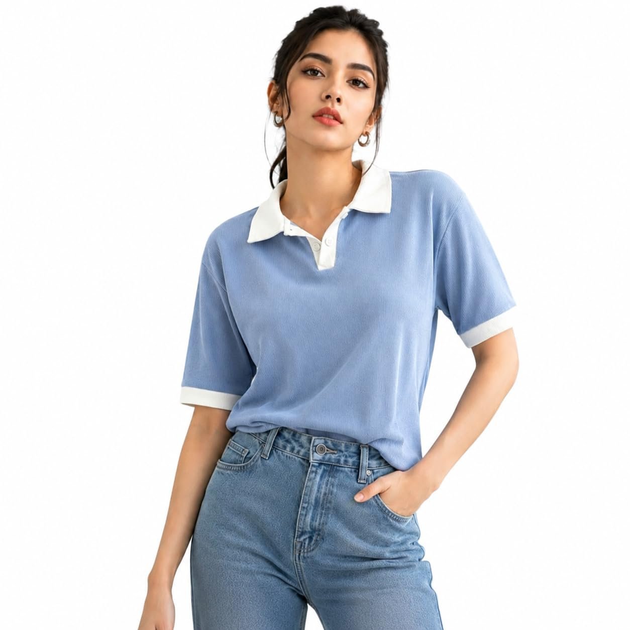 Women's Ribbed Polo T-Shirt, Short Sleeve, Contrast Collar and Cuffs, Casual Woman Top (in, Alpha, Regular, Sky)