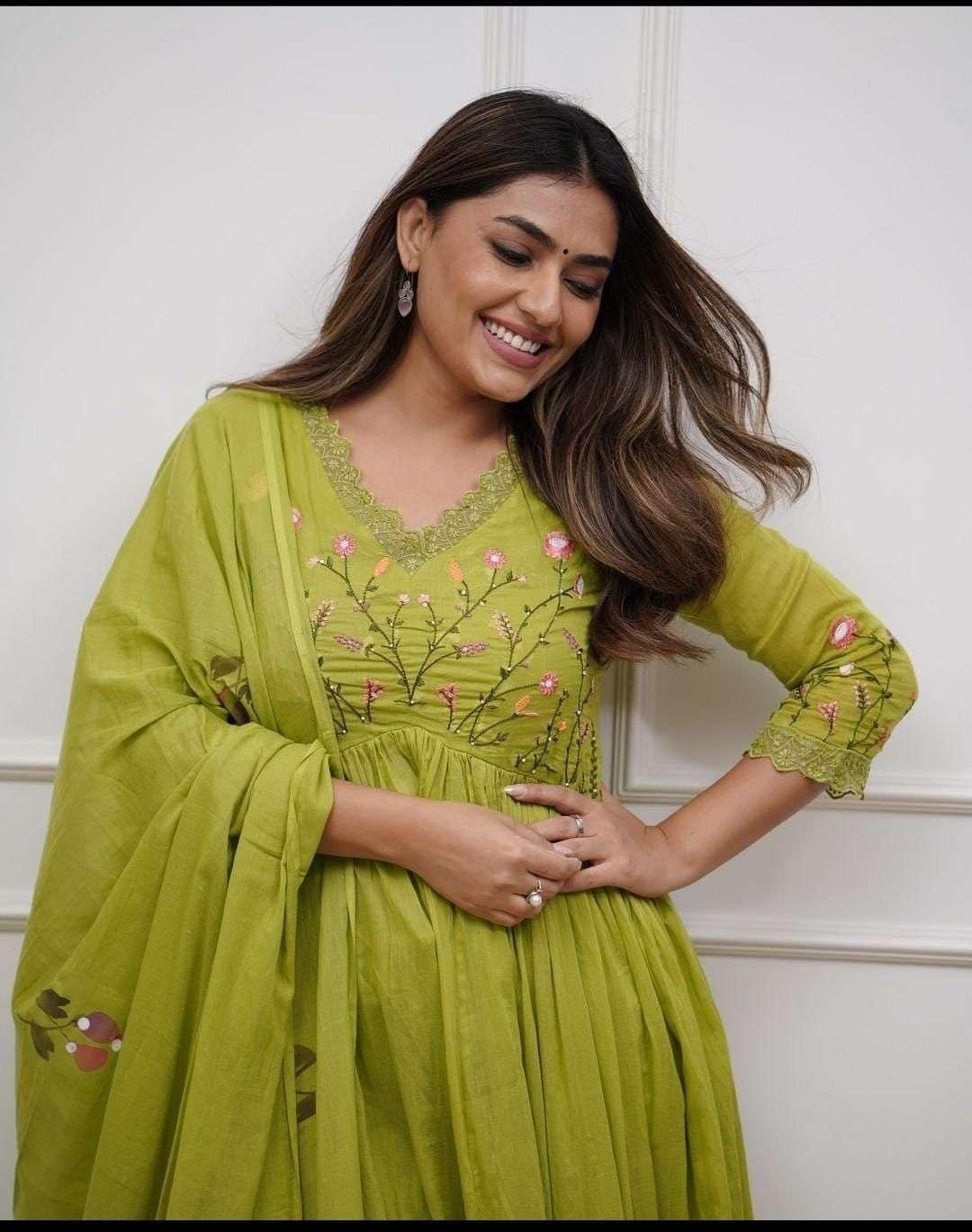 Induscart Global Store Women's Cotton Embroidered Long Anarkali Kurti with Pant and Dupatta Set (Mehendi Green) - Image 4