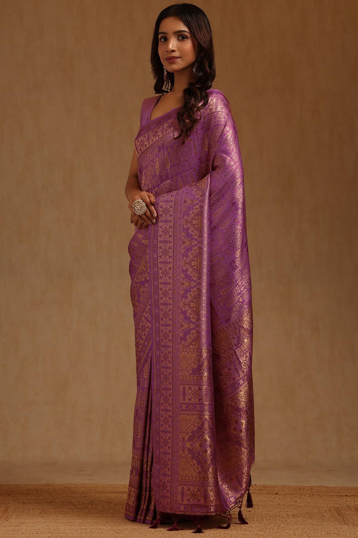 Womens Lavender Tussar Woven Designs Saree With Zari - Image 3