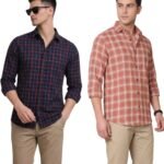 Men's Checkered Casual Shirts Combo | Cotton Blend Full Sleeve Regular Fit Button-Down Shirts | Soft Breathable Plaid Check Shirts | Multicolor (in, Alpha, Regular, Dark Blue & Brown)