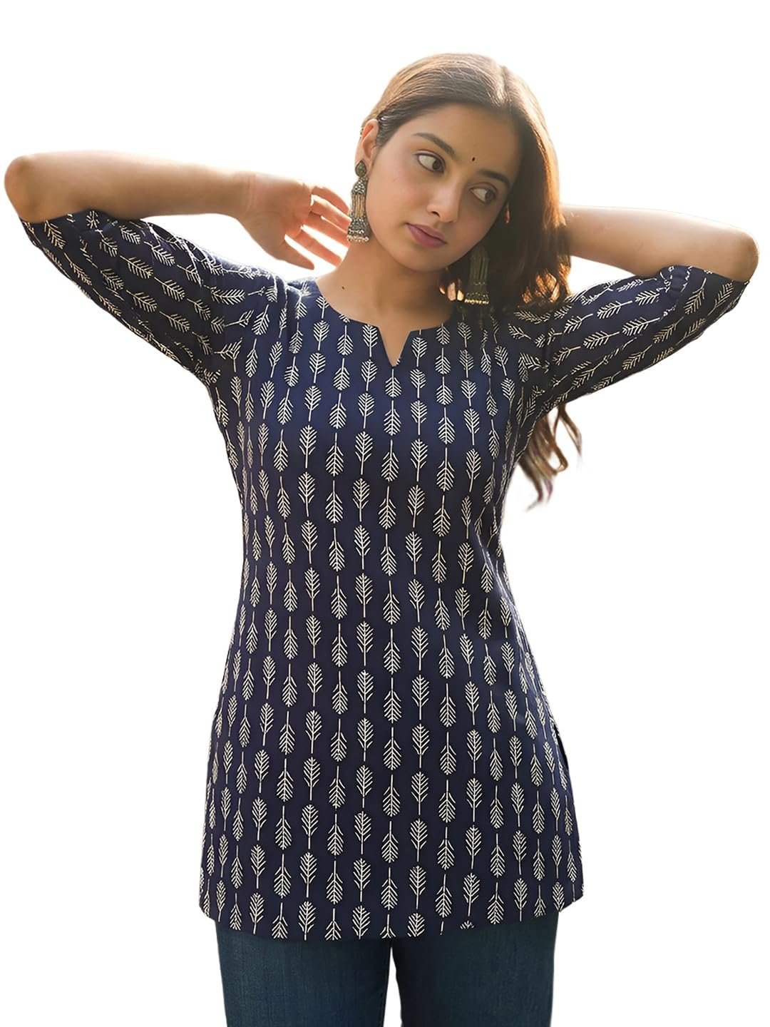 Women's Printed Cotton Blend Short Kurti l All Over Printed V-Cut Neckline Casual Wear Tunic Top's l Ethnic Top's for Girls Blue
