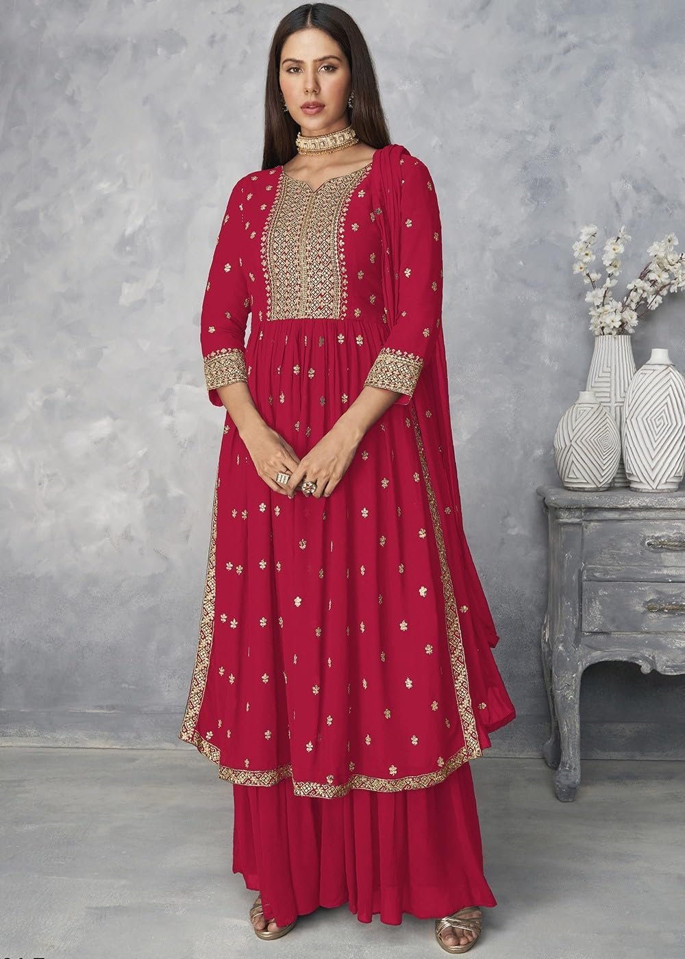 Women's Ethnic Wear Nyra Cut Embroidery Kurti plazzo and Dupatta (X-Large, Pink) - Image 2