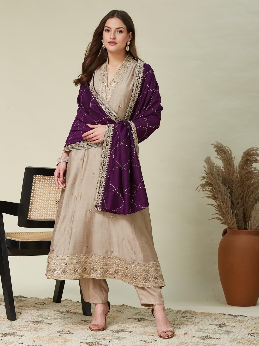 Women’s Grey Silk Embroidery Anarkali Kurta Pant with Dupatta - Image 8