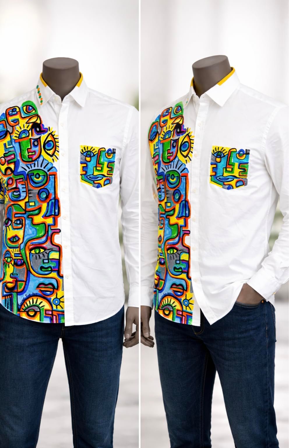Hand Painted Artistic White Cotton Shirt | Abstract Face Figurine Colorful Art Design | Designer Wearable Art - Image 3