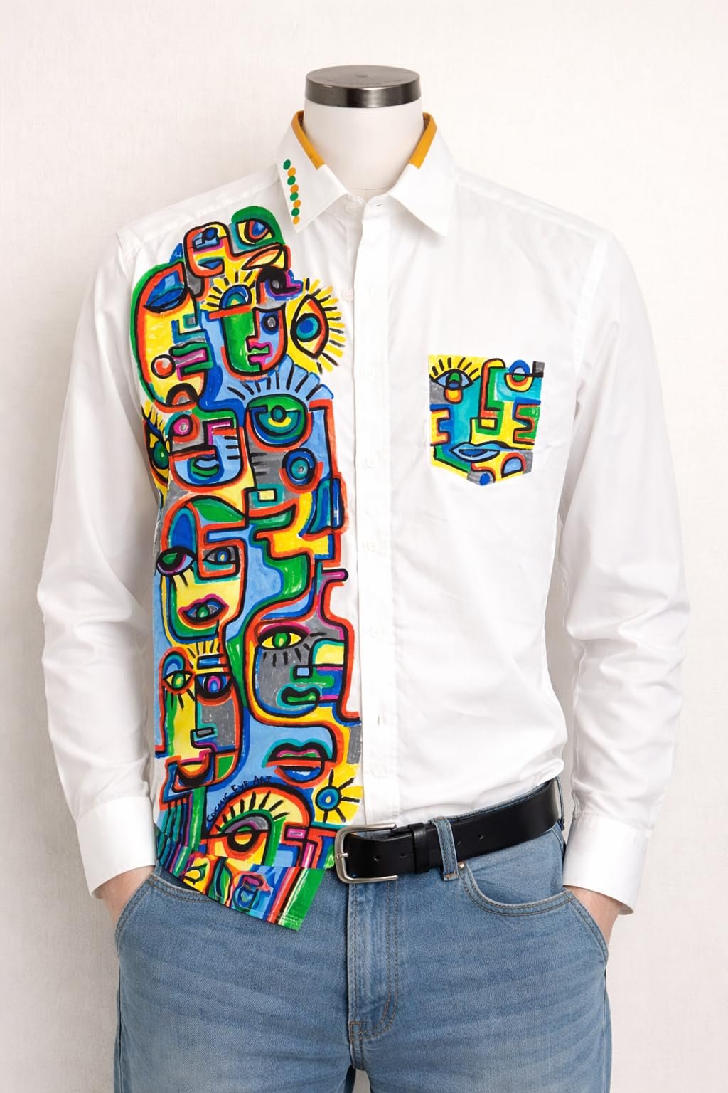 Hand Painted Artistic White Cotton Shirt | Abstract Face Figurine Colorful Art Design | Designer Wearable Art - Image 4