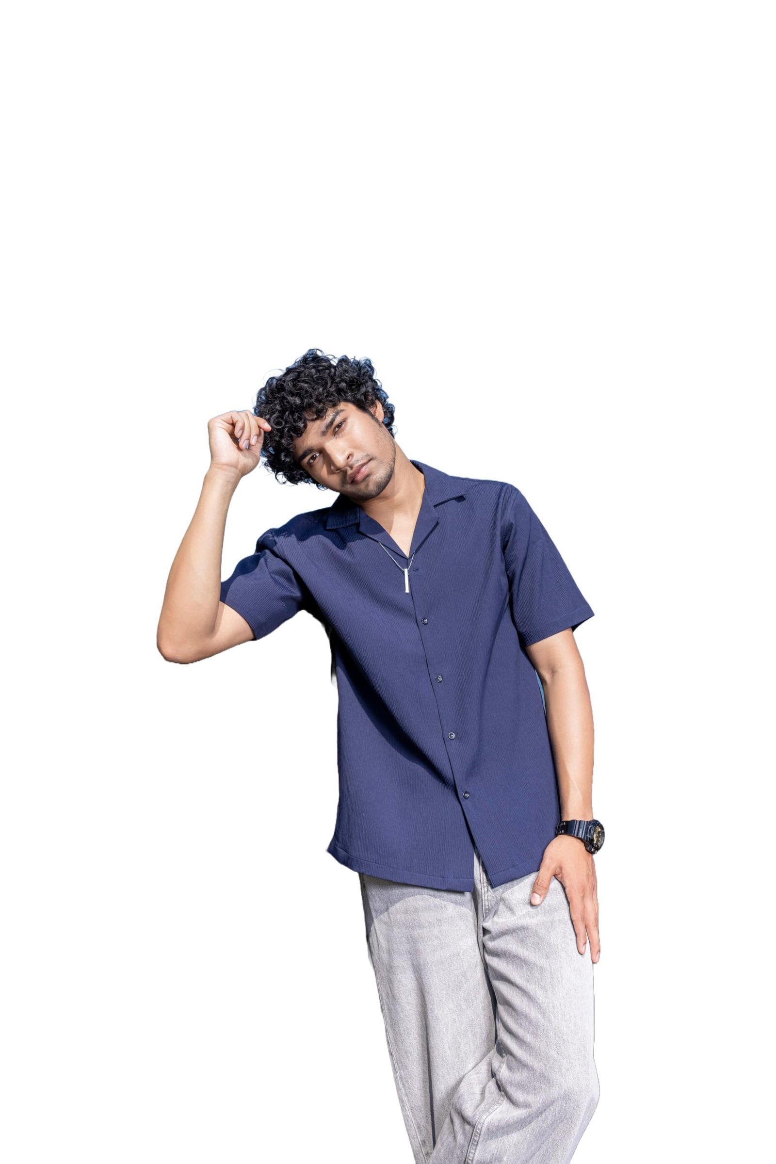 Infinity Space | Art of Leisure Collection || Men's Cotton Half Sleeve Oversized Fit Shirt with Cuban Collar || (in, Alpha, XL, Navy Nirvaana (Blue))