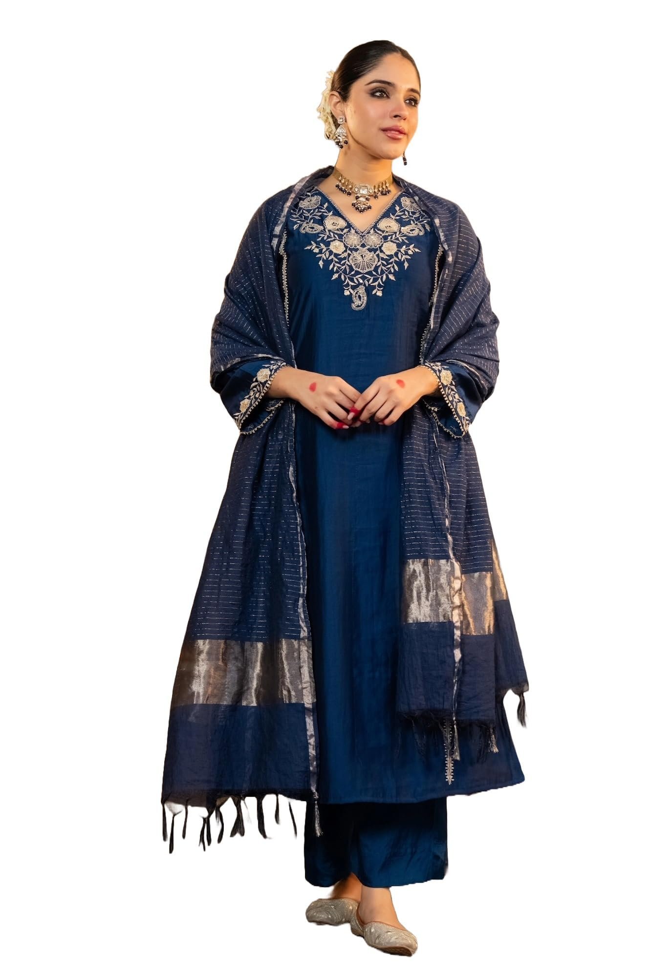 Women Embroidery Solid Straight Kurta and Pant Set with Dupatta