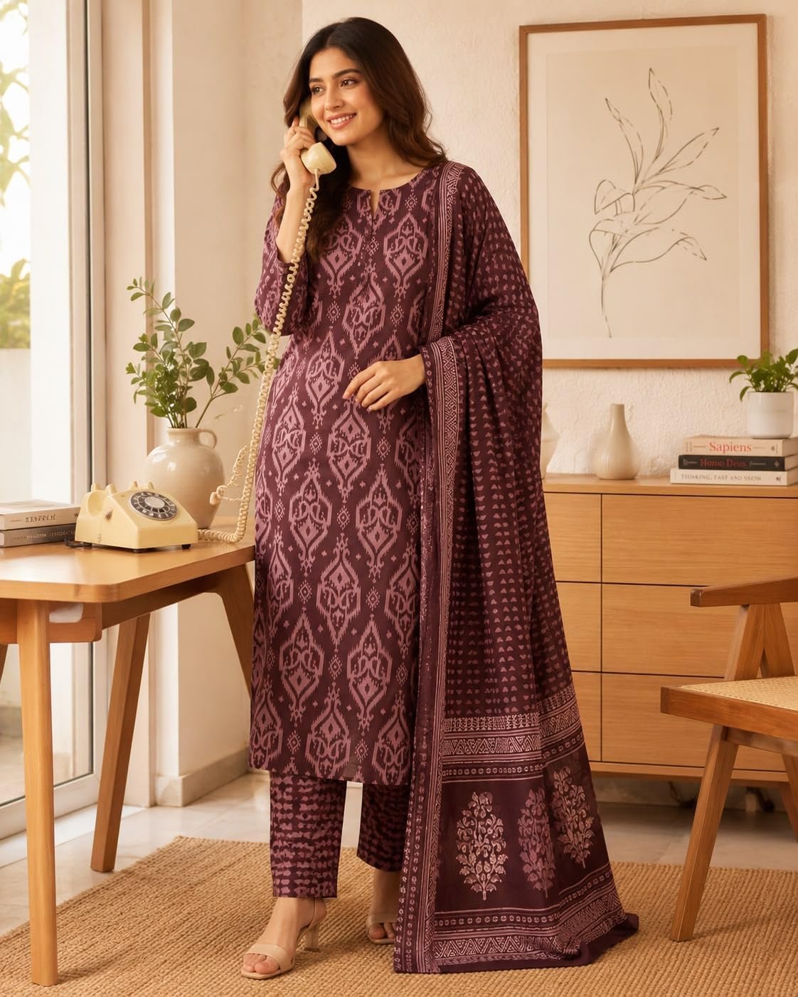 Women's Cotton Printed Kurta Pant with Dupatta Set | Ethnic Straight Kurta Suit Set | Soft Breathable Fabric | Festive, Casual, Office & Daily Wear (coffee) (IN, Alpha) - Image 3