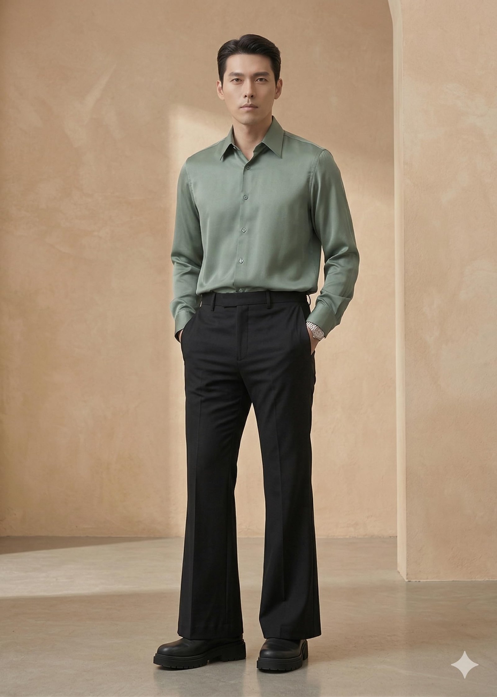 Men's Slim-Fit Flared Trouser, Japnese febric High-Waisted Modern Bootcut Bellbottom Pant, Black (in, Numeric, Regular) - Image 4