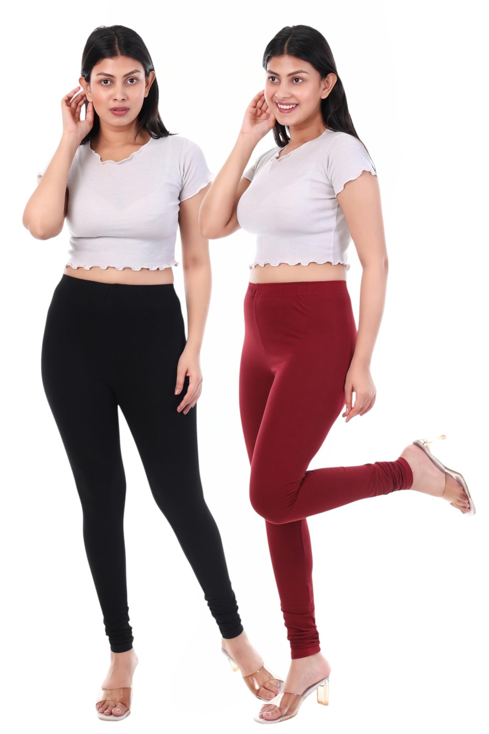 Women Solid Cotton Lycra 4 Way Stretchable Leggings | Combo Pack of 2 Comfortable Churidar-Length Slim Fit Leggings for Women & Girls (in, Alpha, 6XL, Regular, Black & Maroon) - Image 4