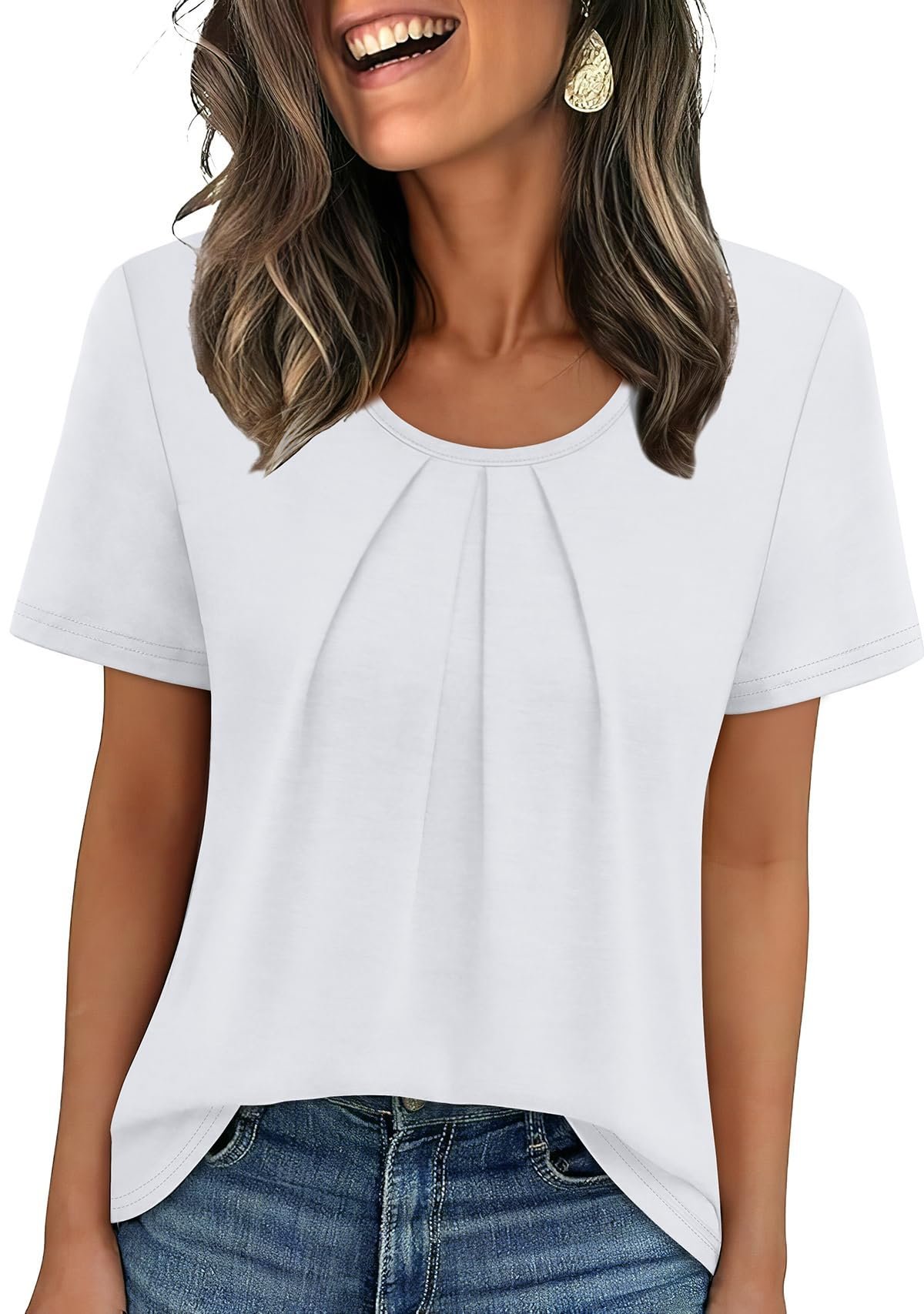 Women T Shirts Pleated Short Sleeve Tops Business Casual Dressy Blouses, White, Large