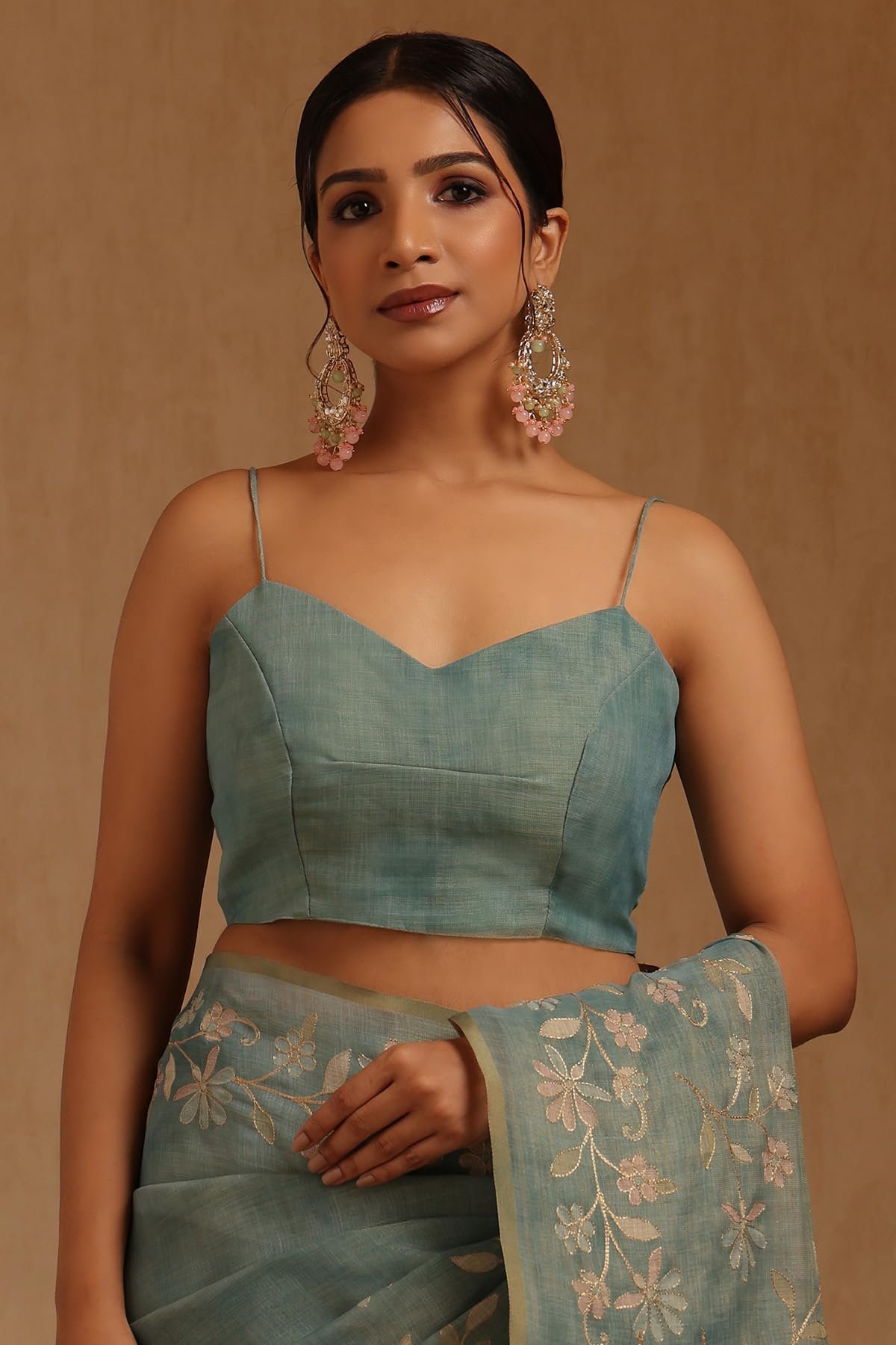 Womens Light Teal Linen Floral Printed Saree With Zari - Image 6