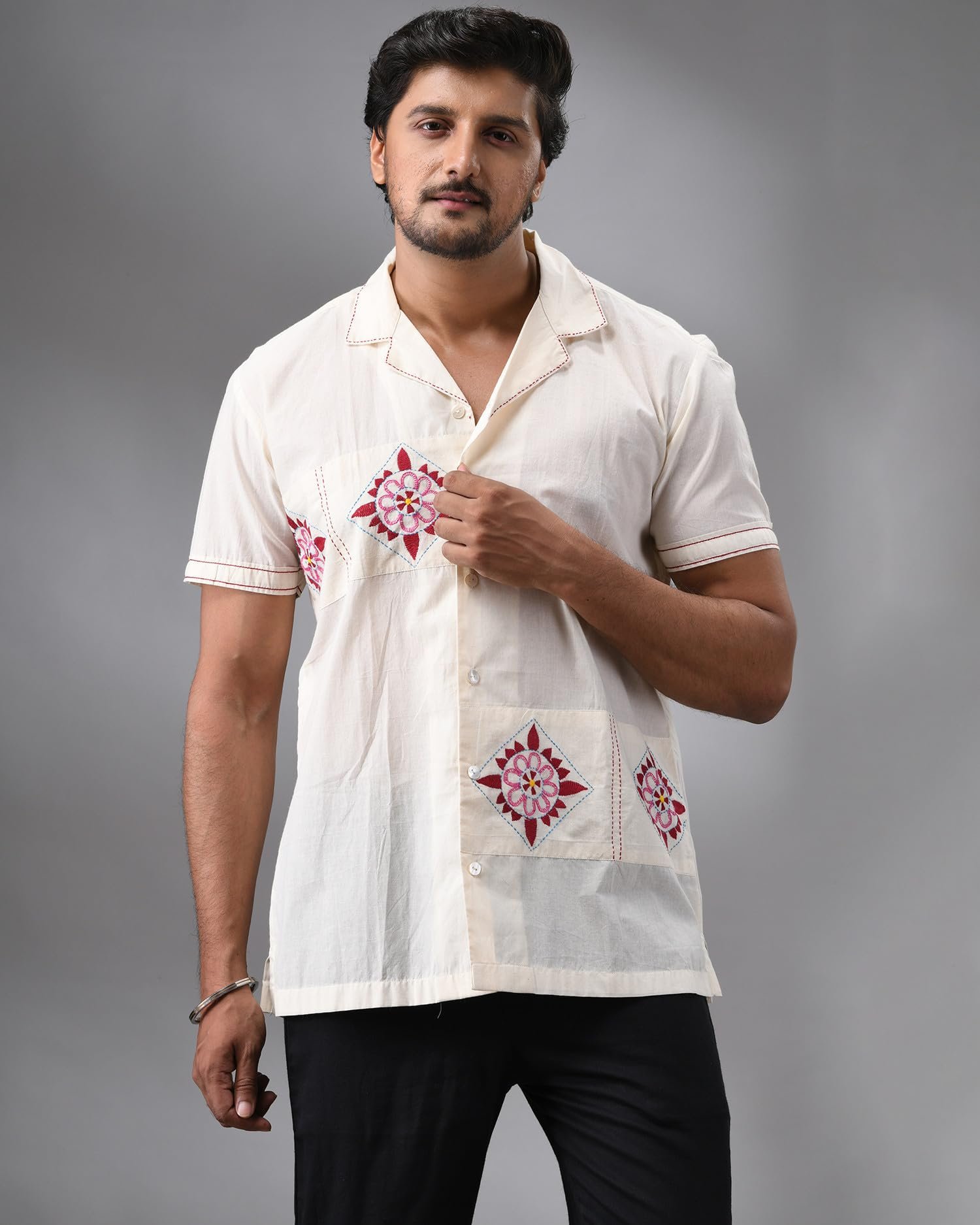 Anushree Malhotra Barfi - Kantha Hand Embroidery Half Sleeve Cuban Collar Shirt 100% Cotton for Men (Unisex) White - Image 6