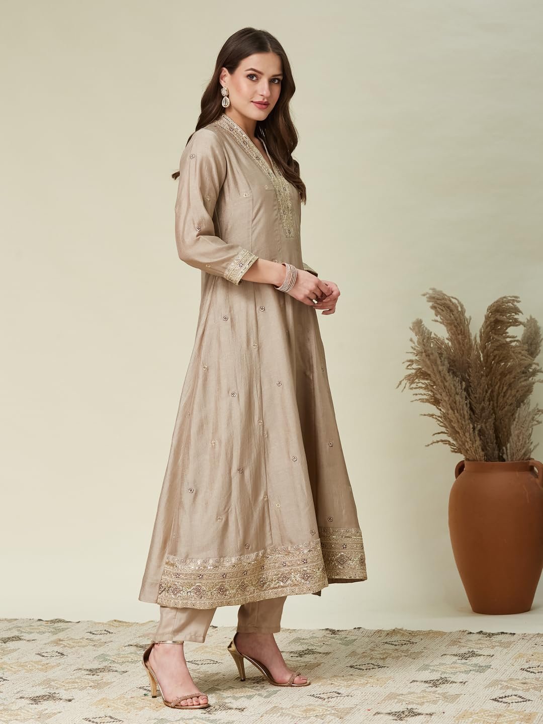 Women’s Grey Silk Embroidery Anarkali Kurta Pant with Dupatta - Image 6