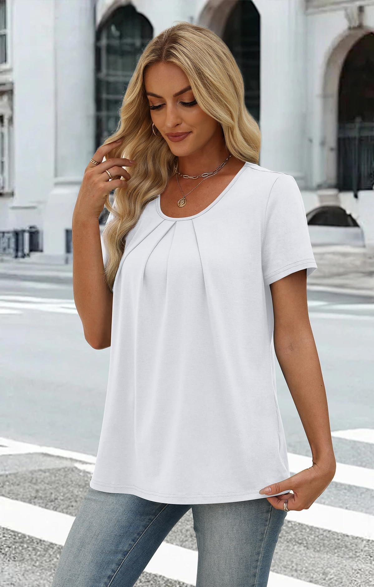 Women T Shirts Pleated Short Sleeve Tops Business Casual Dressy Blouses, White, Large - Image 4