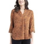 Women Formal Top | Relaxed Fit Mandarin V-Neck with Front Pleat Detail & 3/4 Sleeves | Breathable Satin Fabric & Floral Print for Office Rust