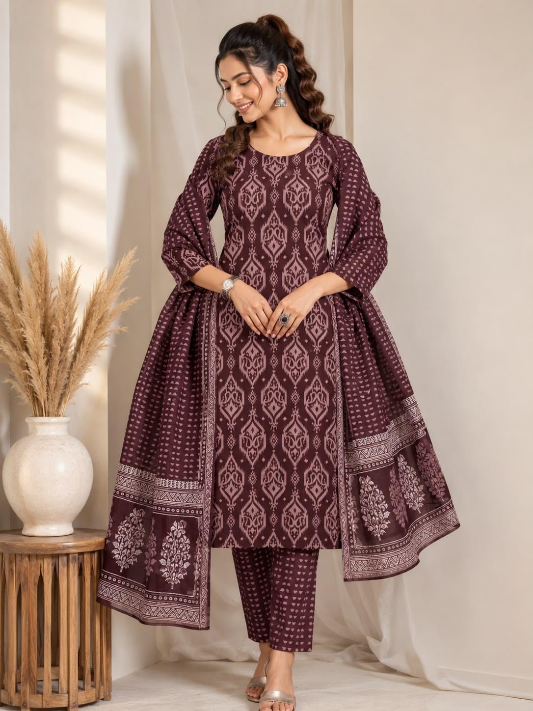 Women's Cotton Printed Kurta Pant with Dupatta Set | Ethnic Straight Kurta Suit Set | Soft Breathable Fabric | Festive, Casual, Office & Daily Wear (coffee) (IN, Alpha) - Image 5