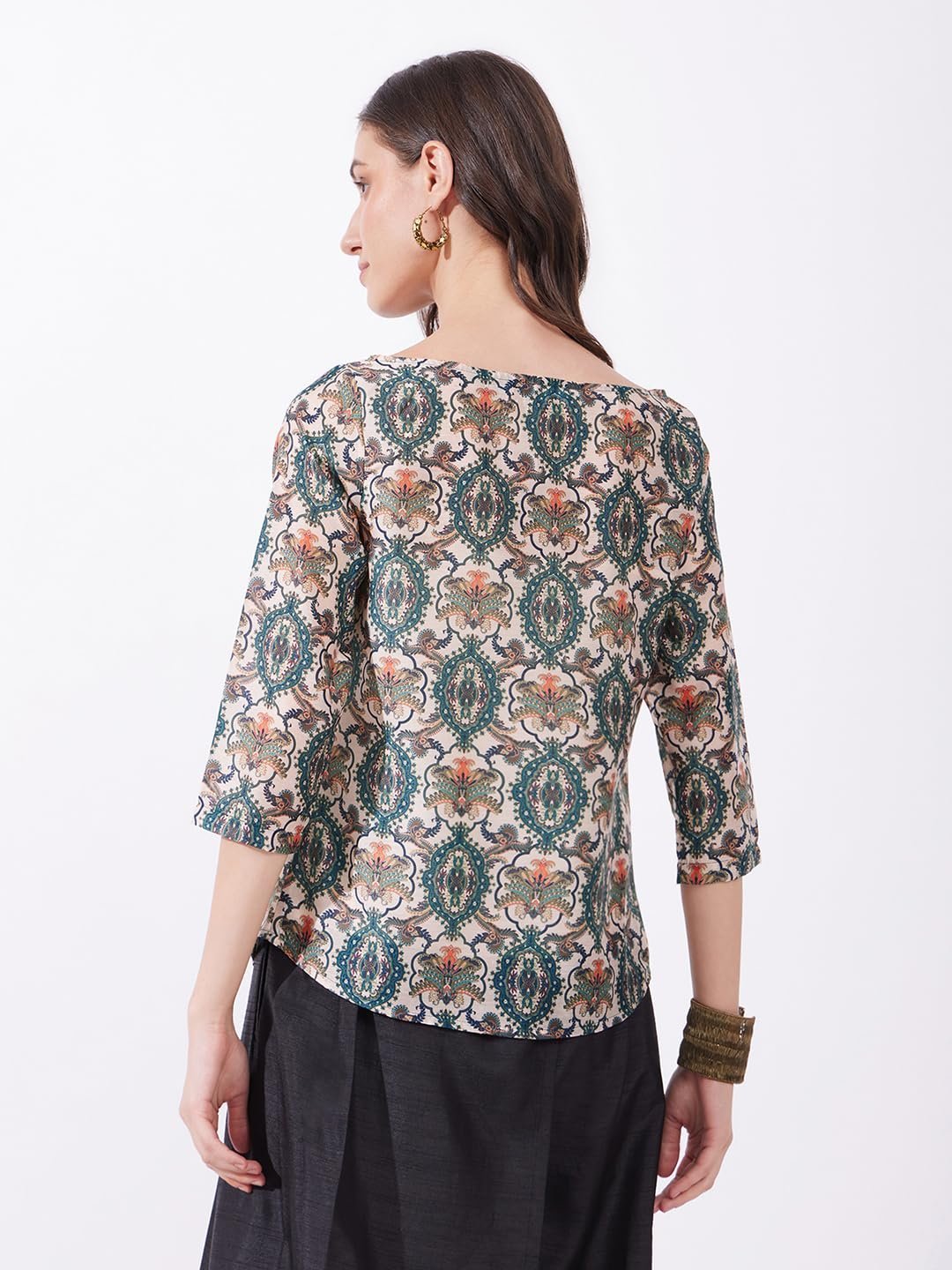 Women Casual Top | Boat Neck Three-Quarter Sleeves Floral Print Hip Length | Lightweight Smooth Fabric, Work & Vacation Outings | Multi - Image 7