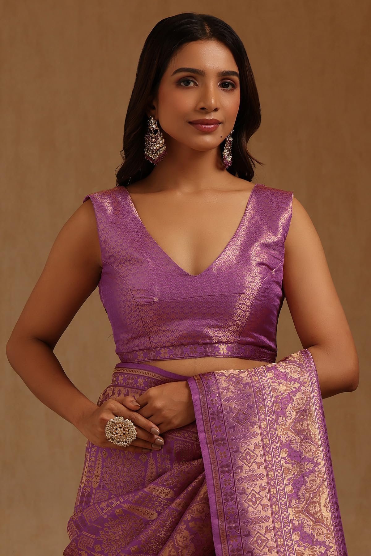 Womens Lavender Tussar Woven Designs Saree With Zari - Image 6