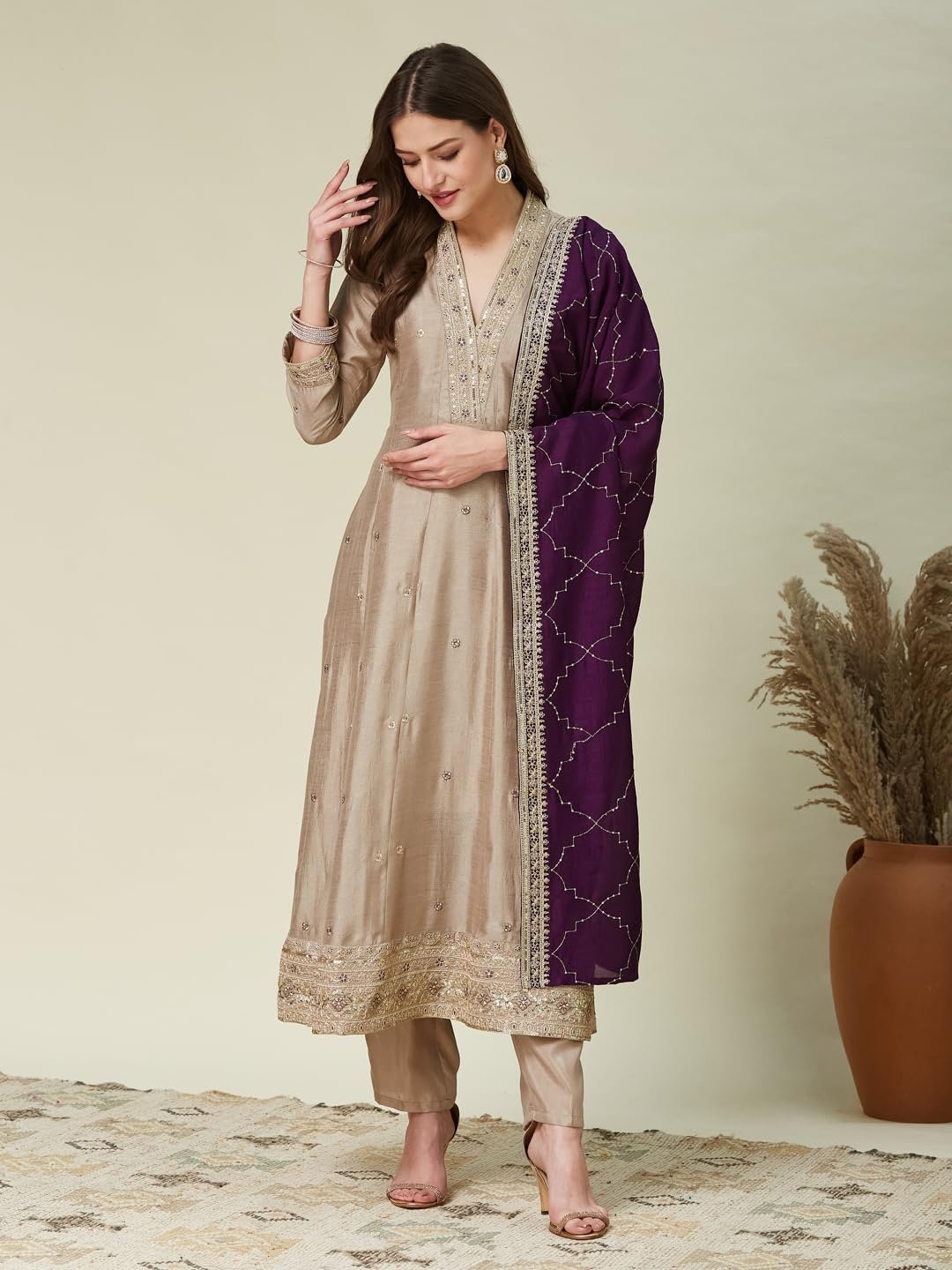 Women’s Grey Silk Embroidery Anarkali Kurta Pant with Dupatta - Image 3