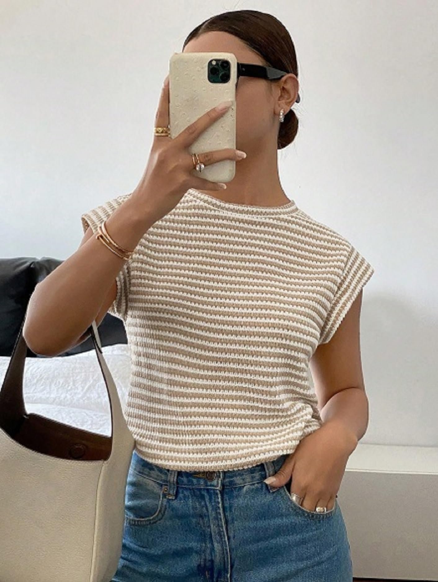 Women’s Striped Western Top | Round Neck Cap Sleeve T-Shirt for Women | Loose Fit Casual Summer Wear(Stripes-top-Brown) - Image 3