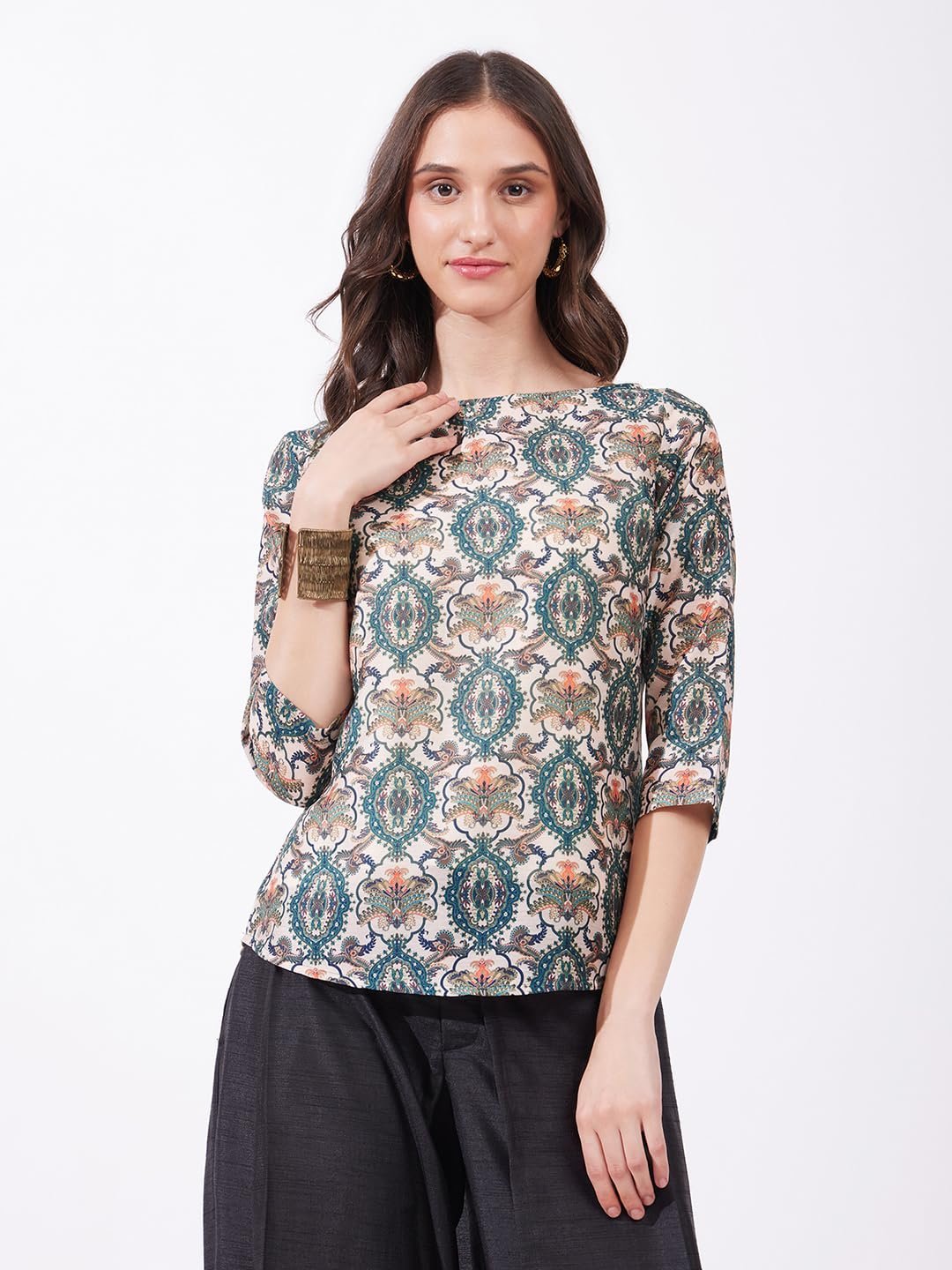 Women Casual Top | Boat Neck Three-Quarter Sleeves Floral Print Hip Length | Lightweight Smooth Fabric, Work & Vacation Outings | Multi - Image 4