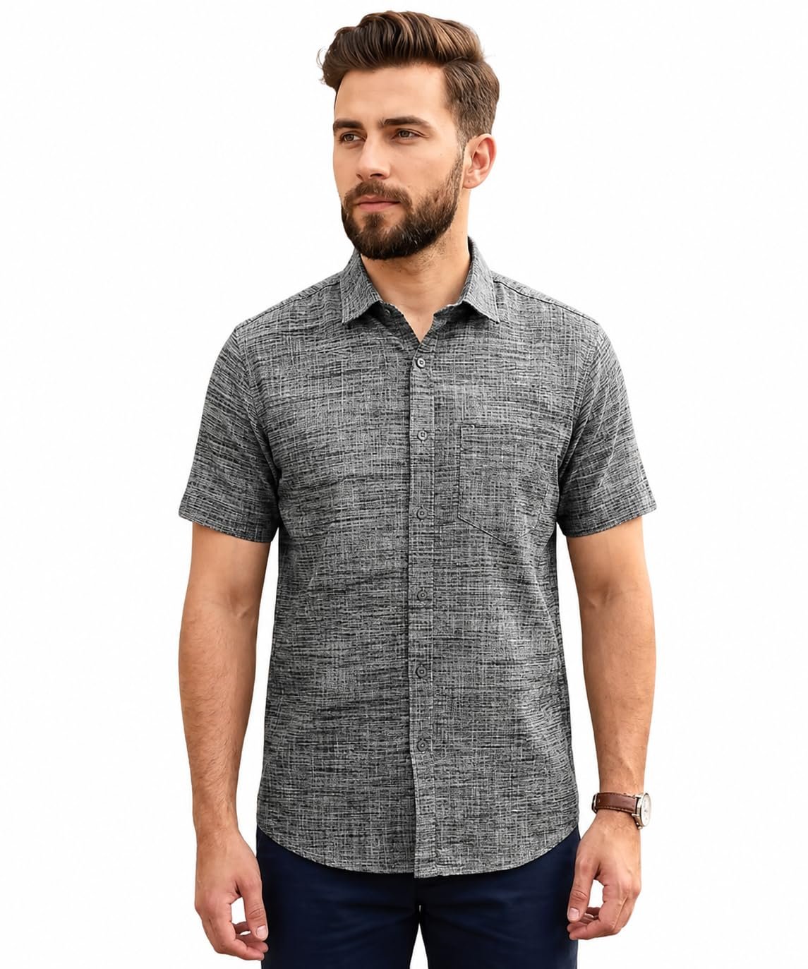 Men's Short Sleeve Button-Down Shirt, Grey Textured
