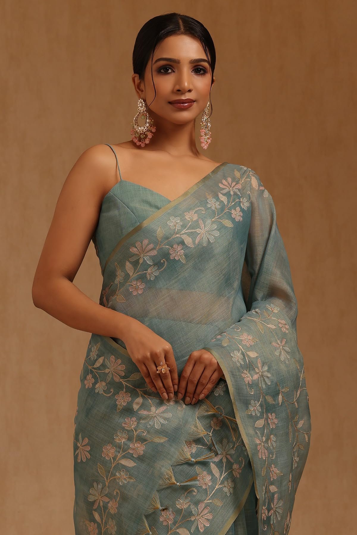 Womens Light Teal Linen Floral Printed Saree With Zari - Image 2
