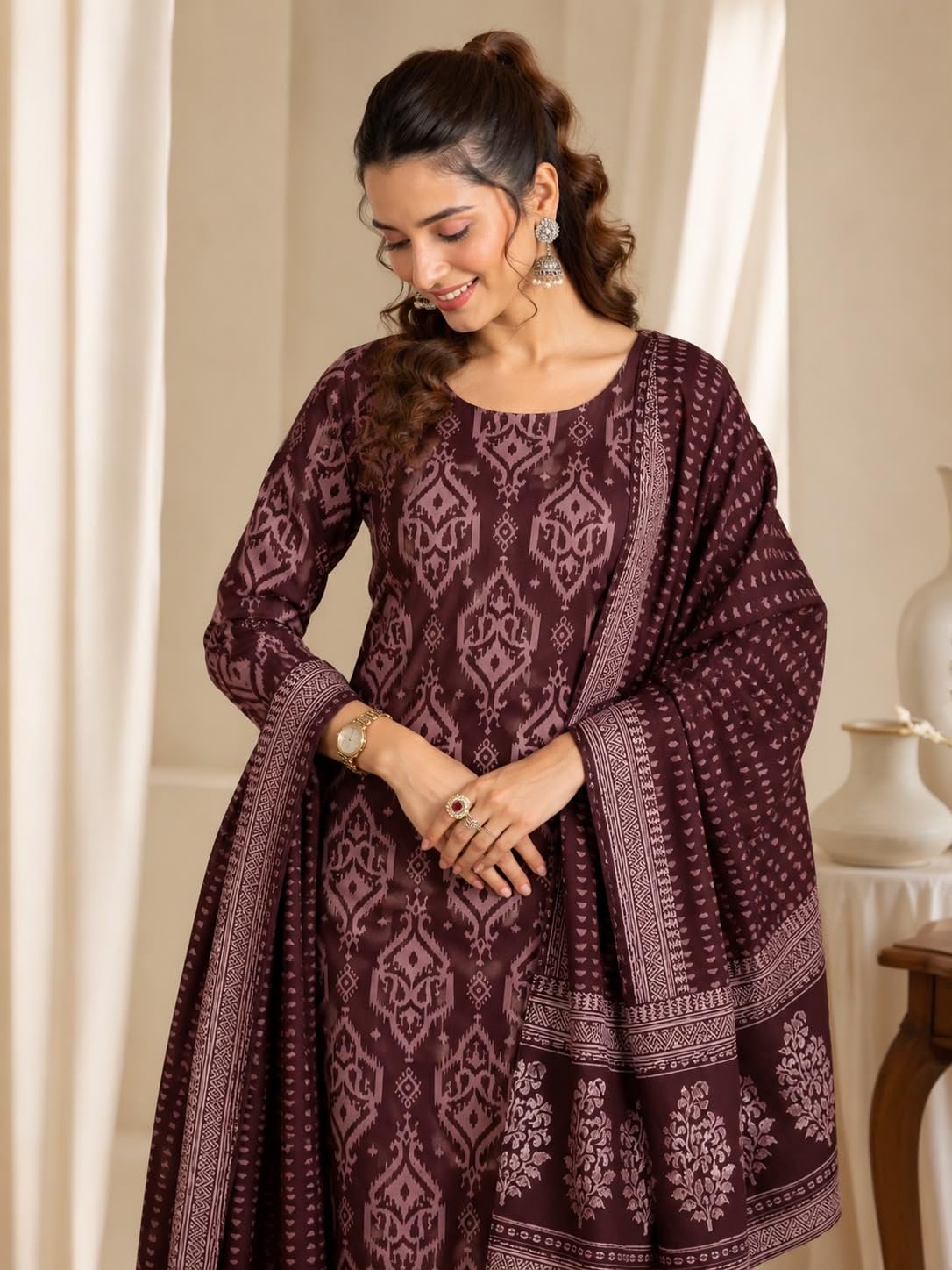 Women's Cotton Printed Kurta Pant with Dupatta Set | Ethnic Straight Kurta Suit Set | Soft Breathable Fabric | Festive, Casual, Office & Daily Wear (coffee) (IN, Alpha) - Image 7