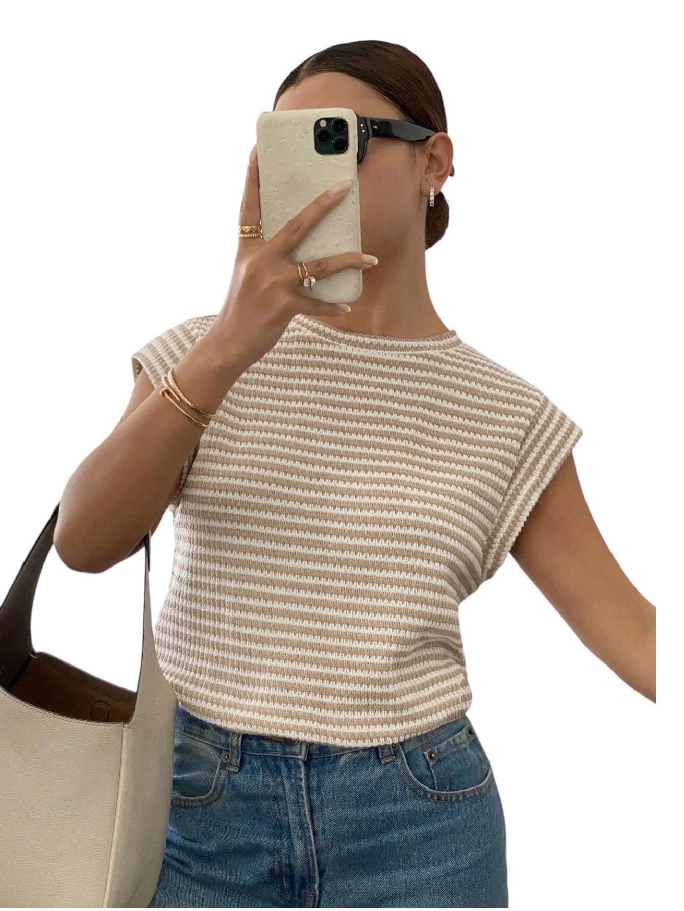 Women’s Striped Western Top | Round Neck Cap Sleeve T-Shirt for Women | Loose Fit Casual Summer Wear(Stripes-top-Brown)