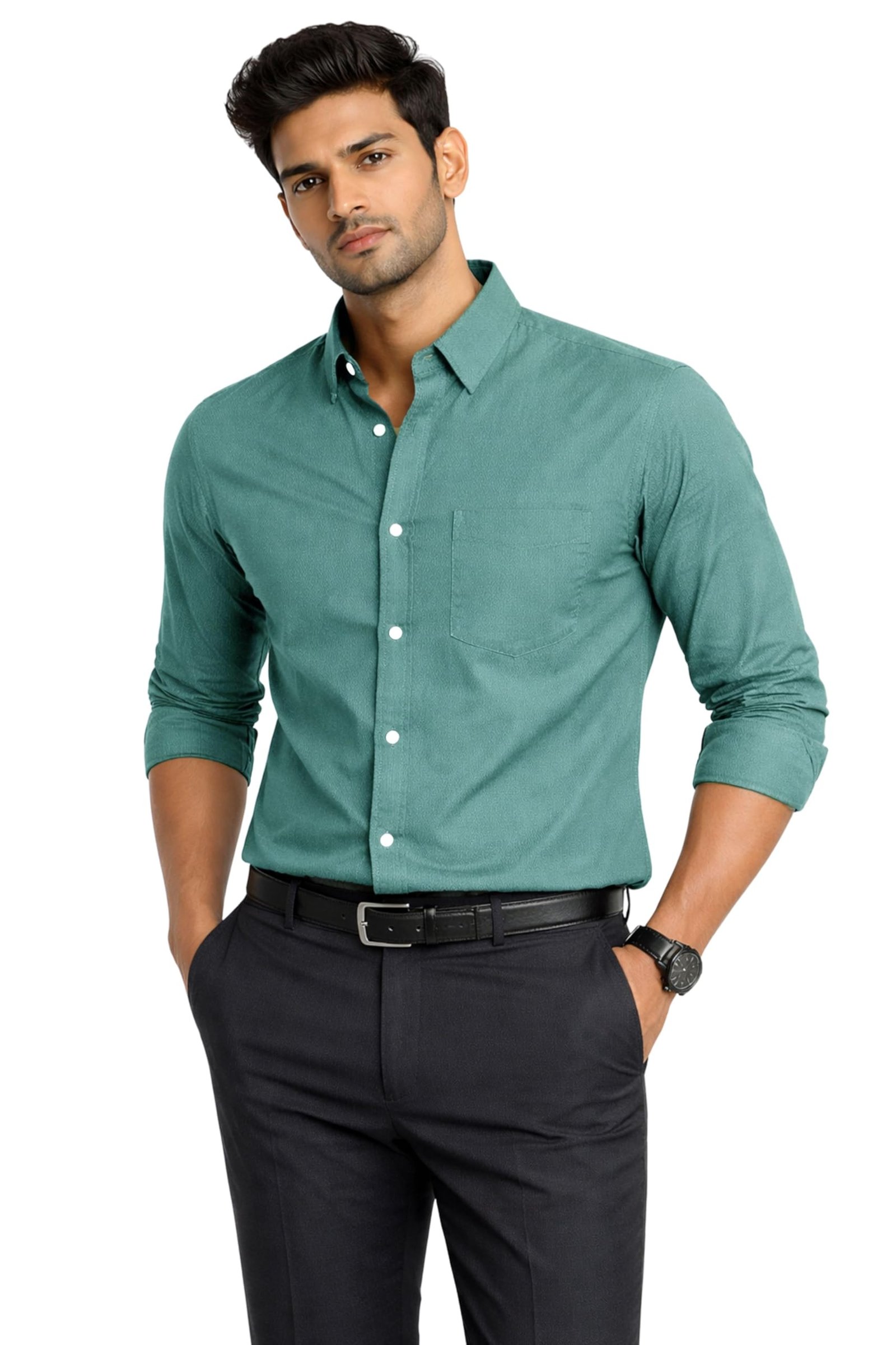 Men's Formal Shirt 100% Cotton Modern Slim Fit - MS Fashion (in, Alpha, Regular, Light Green)