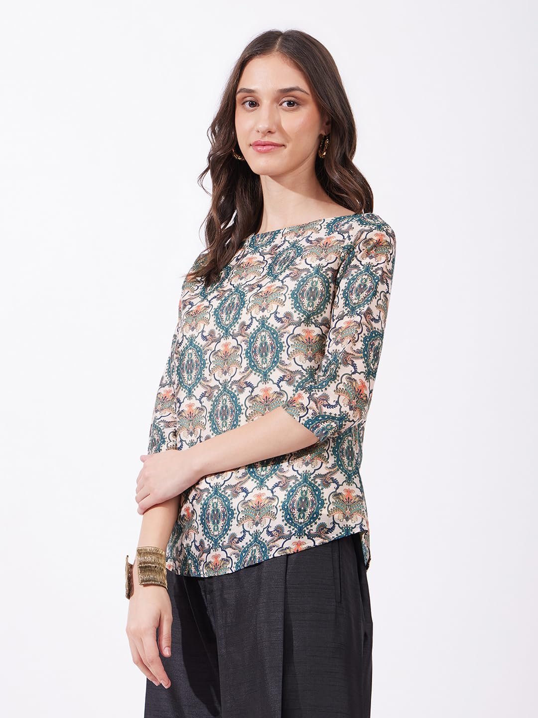 Women Casual Top | Boat Neck Three-Quarter Sleeves Floral Print Hip Length | Lightweight Smooth Fabric, Work & Vacation Outings | Multi - Image 6