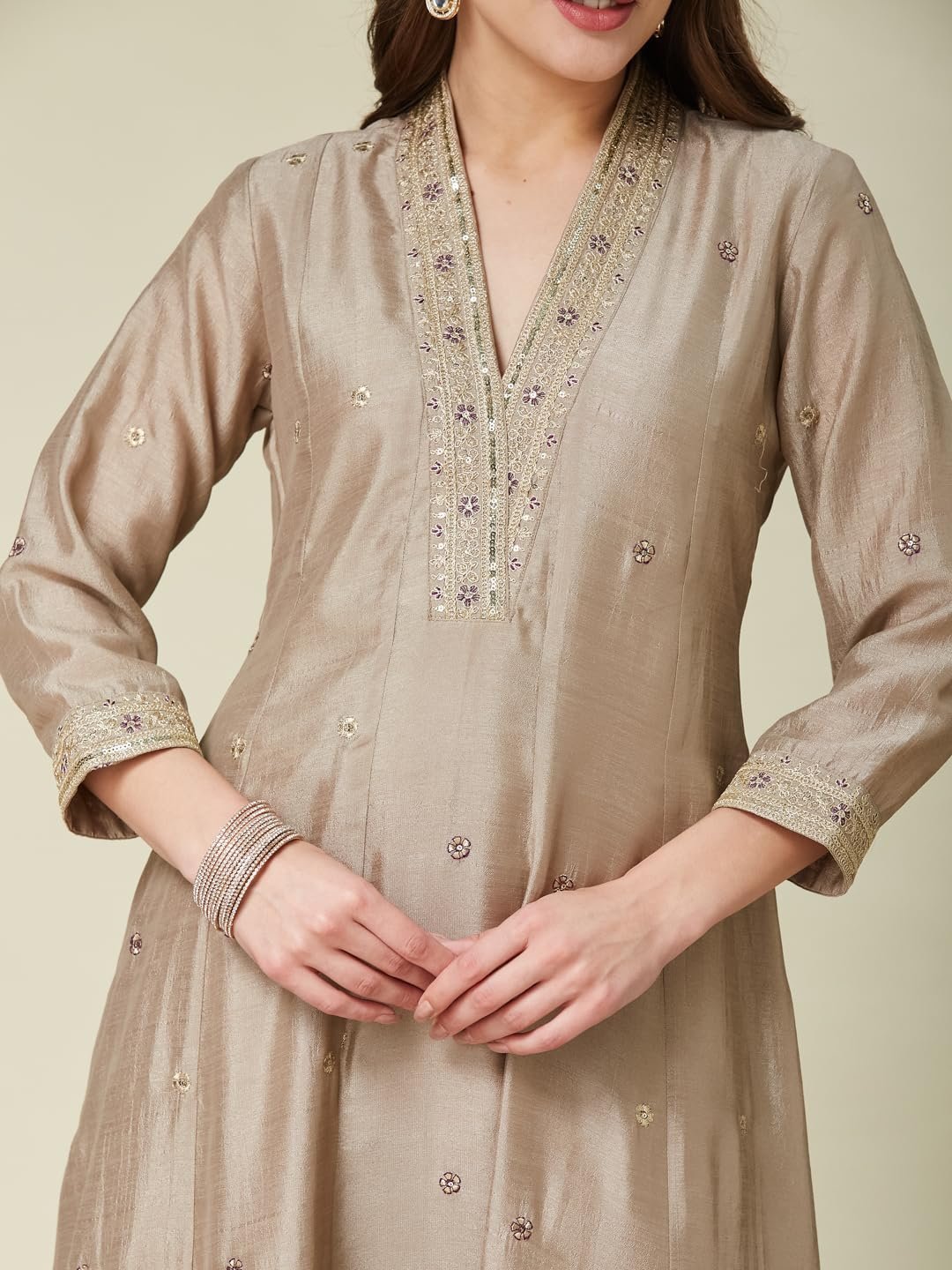 Women’s Grey Silk Embroidery Anarkali Kurta Pant with Dupatta - Image 4