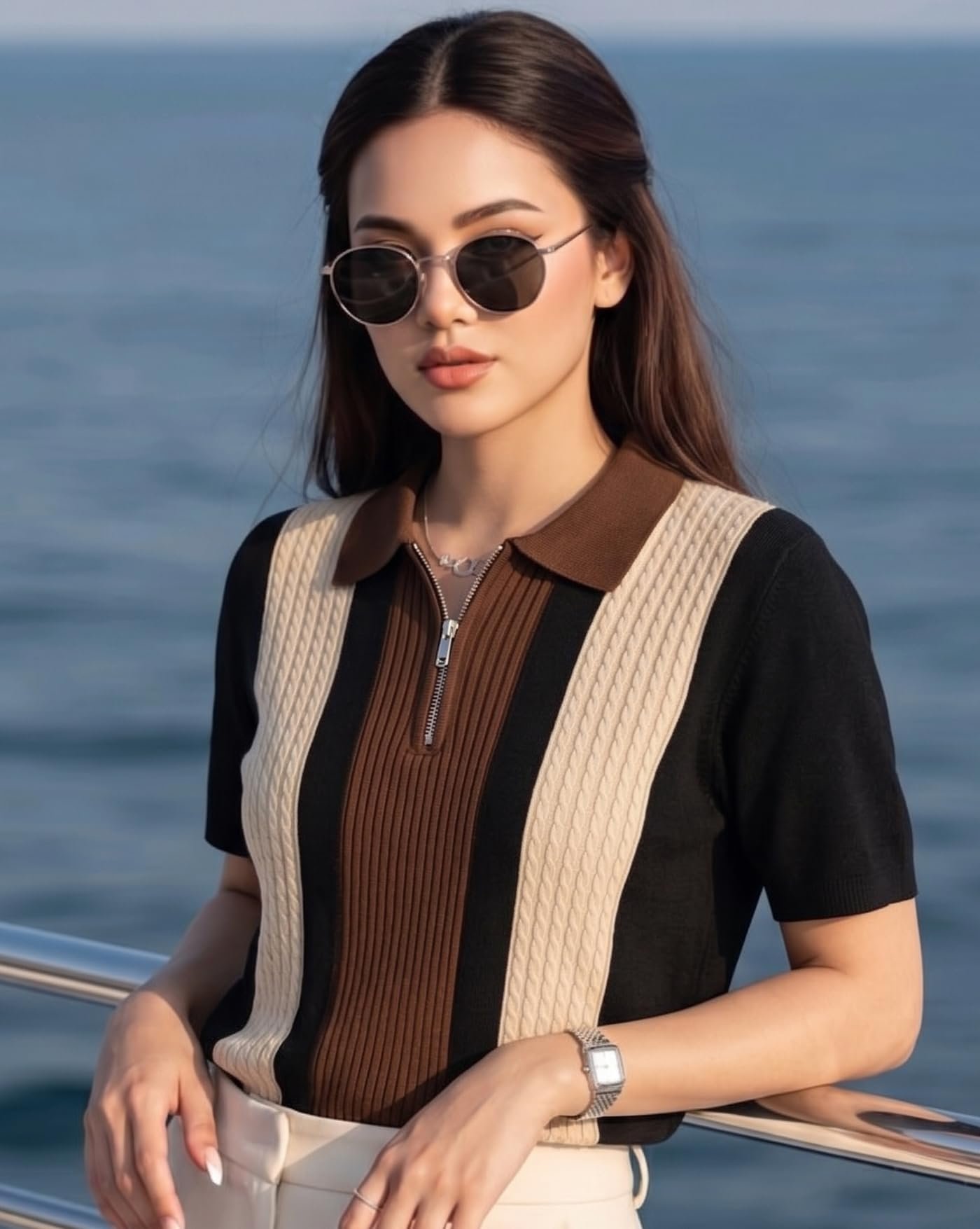 Women’s Casual Summer Polo Knit T-Shirt | Zip Collar Top | Half Sleeves | Ribbed Panel Design | Lightweight Comfort | Regular Fit - Image 2