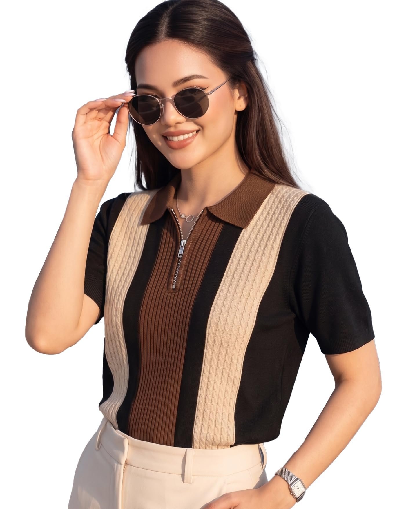 Women’s Casual Summer Polo Knit T-Shirt | Zip Collar Top | Half Sleeves | Ribbed Panel Design | Lightweight Comfort | Regular Fit