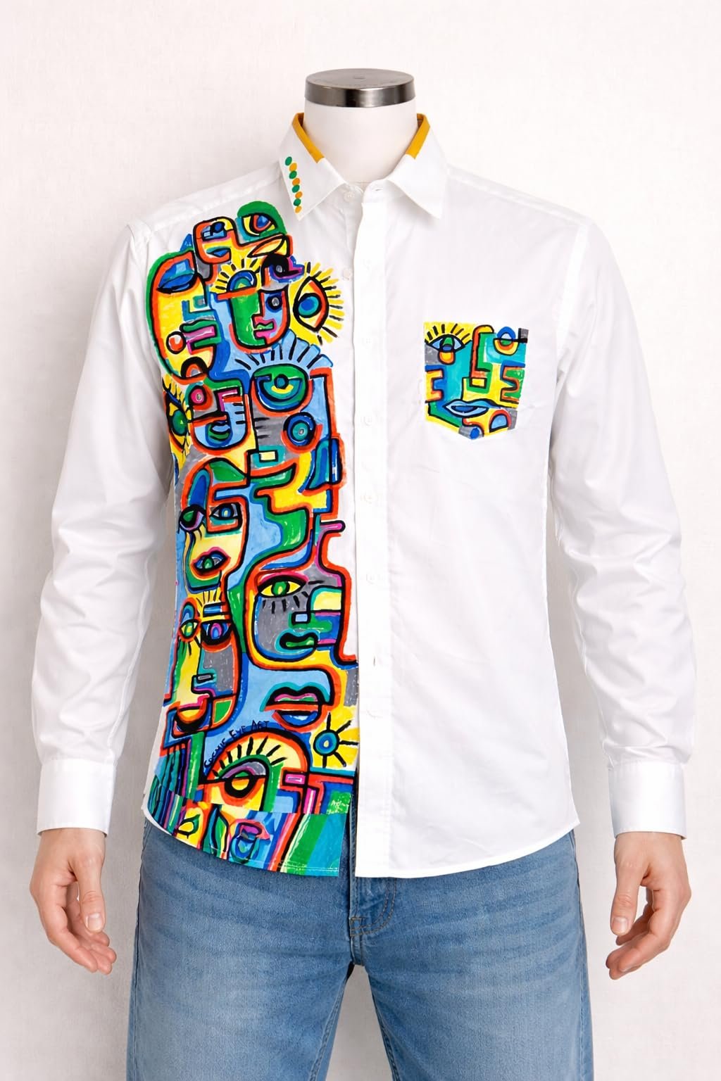 Hand Painted Artistic White Cotton Shirt | Abstract Face Figurine Colorful Art Design | Designer Wearable Art - Image 2
