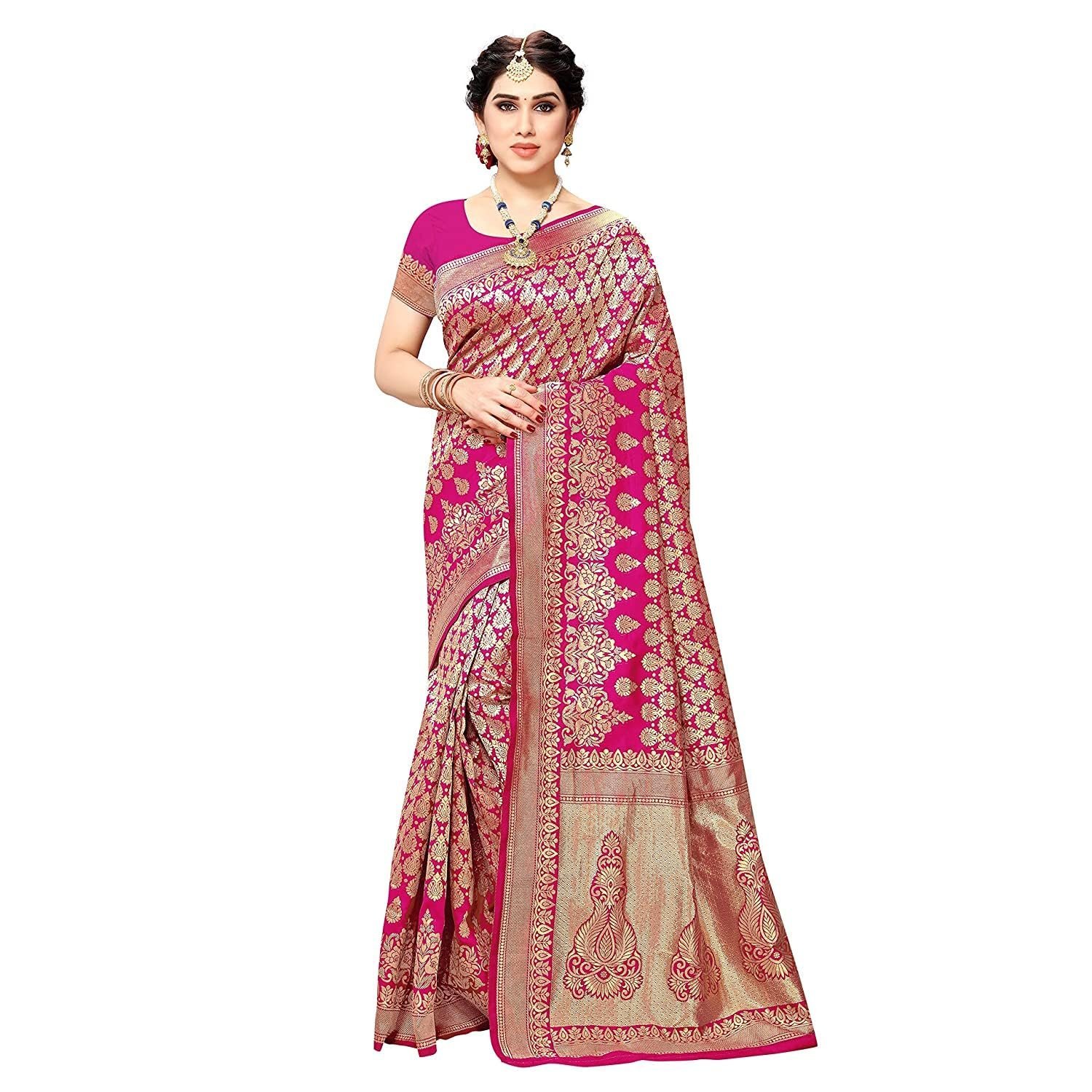 Women's Trendy Banarasi Kanjivaram Pink Color Art Silk Saree with Blouse Material (MALIYA PINK)