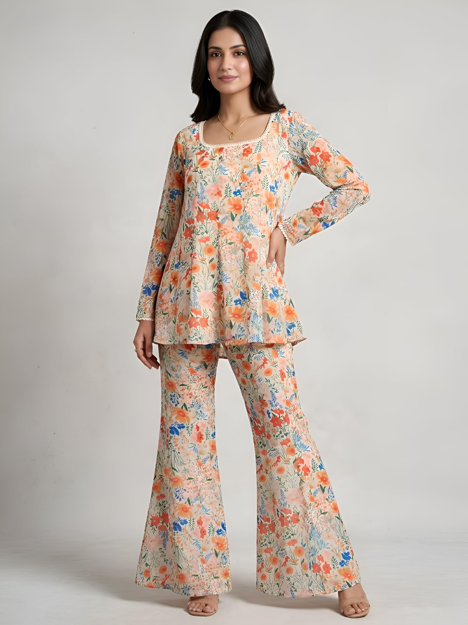 Women Printed Kurti Set with Sharara Pants | Ethnic Kurta Set for Women | Party Outfit Traditional Dress for Woman | Flared Palazzo Kurta Set - Image 4